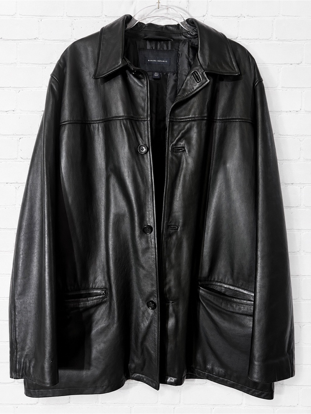 Vintage Banana Republic Men’s Black Genuine Leather Car Coat XL Y2K